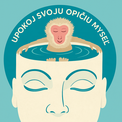 Ilustrácia opice symbolizujúcej „opičiu myseľ“, ktorá sedí v pokoji v otvorenej hlave človeka s nápisom „Upokoj svoju opičiu myseľ“.